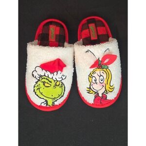 Grinch & Cindy Lou Who Holiday Slippers Cozy Plush Red Plaid Kids Size 11-12